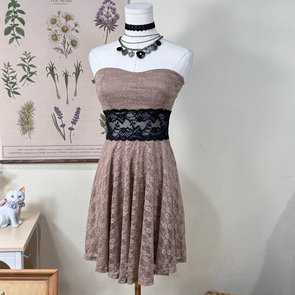 90s Y2k Floral Mesh Lace Strapless Mini Dress Dark Coquette Forest Fairy Hoco XS